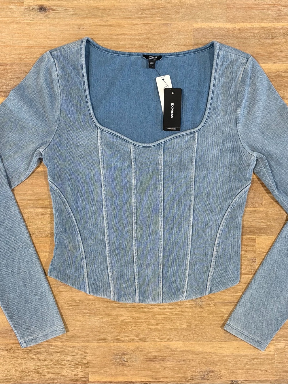 Express Light Blue Denim-Inspired Long Sleeve Corset Top